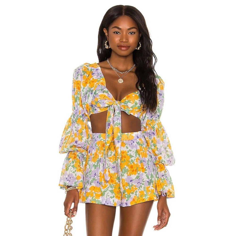 Tularosa Lydia Top Periwinkle Floral Yellow Purple Tie Front Puff Sleeve‎ Crop S